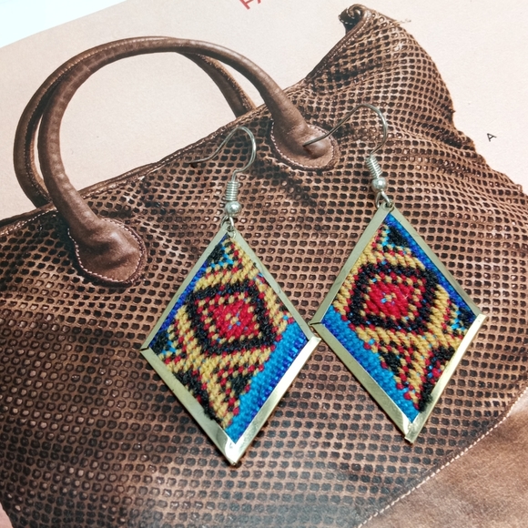 Western Cowgirl Wool & Alpaca Silver Earrings Set Boho Aztec Pattern Handmade - Picture 2 of 6